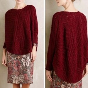 Anthropologie Angel of the North Curved Cables Poncho Red Chunky Knit Size M NWT